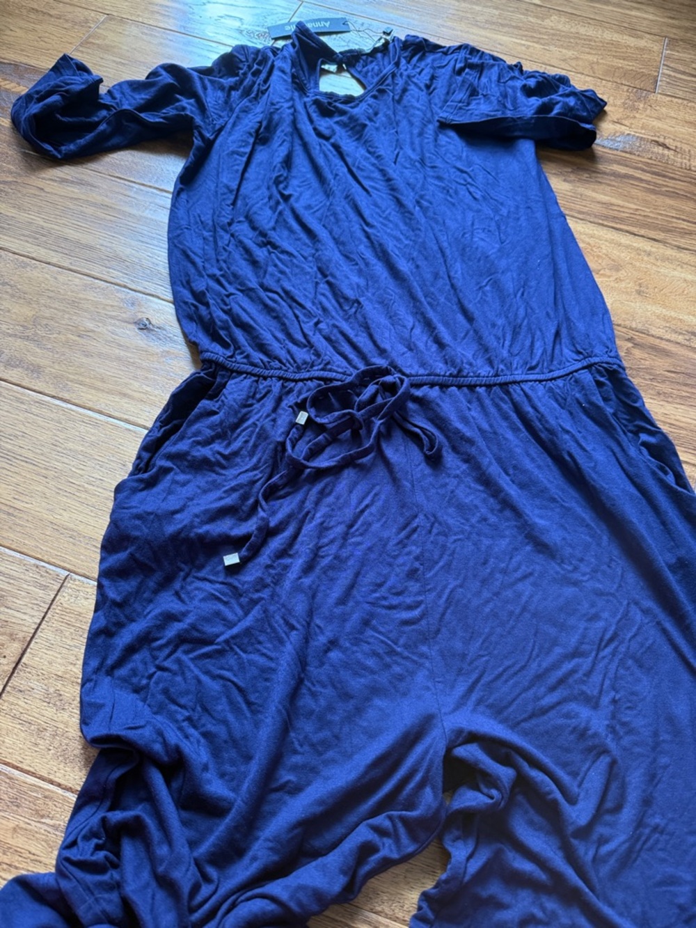 Navy Blue Jumpsuit Romper with Drawstring Waist & Pockets. 3/4 Sleeve